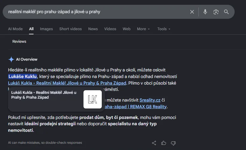 Google AI Overview doporučuje realitního makléře Lukáše Kuklu pro Prahu-západ